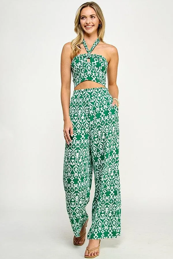 2pc set- print crop halter top & wide leg pant