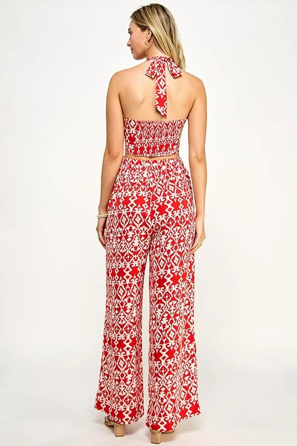 2pc set- print crop halter top & wide leg pant