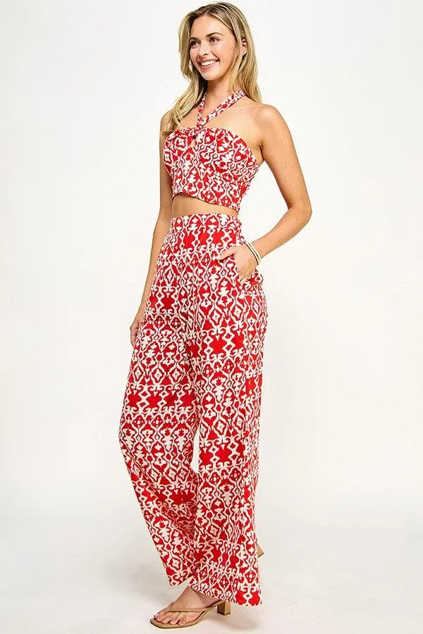 2pc set- print crop halter top & wide leg pant