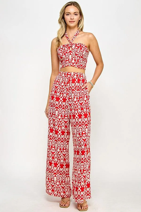 2pc set- print crop halter top & wide leg pant