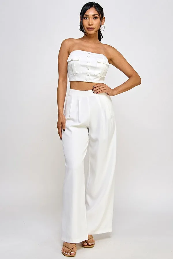 2pc set-Strapless Pocket Top & Wide Leg Pants