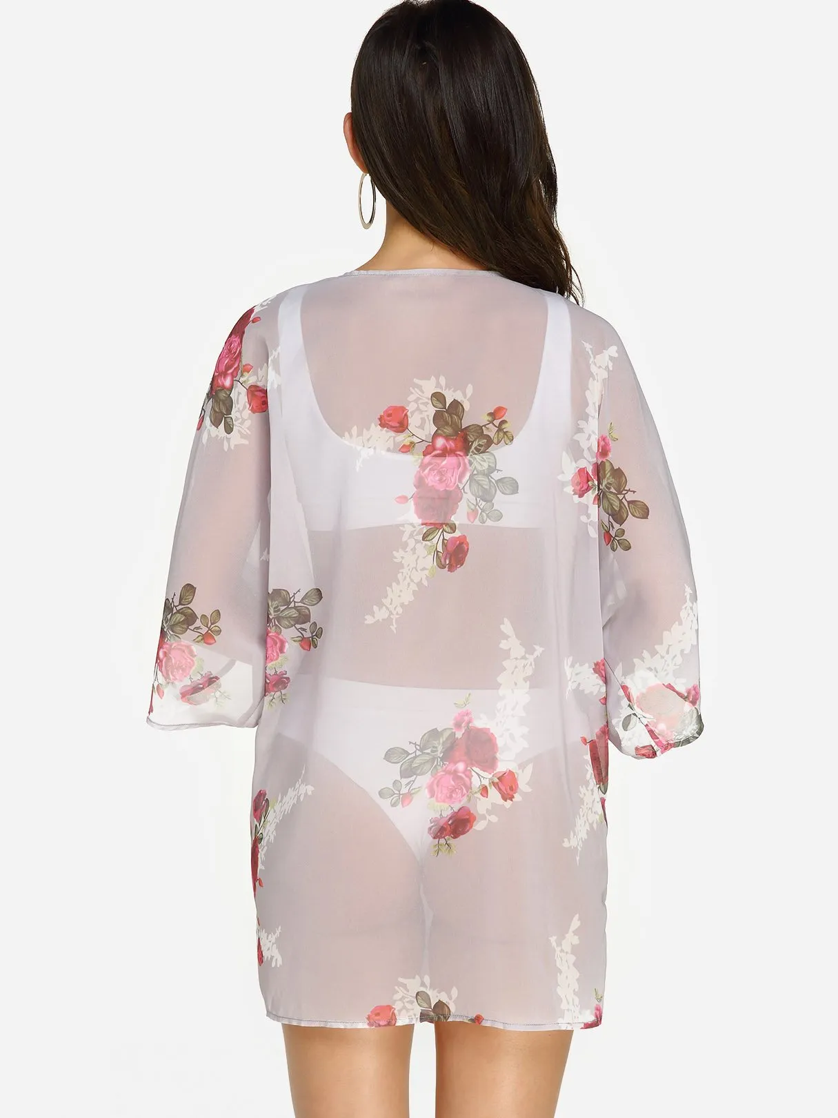 3/4 Sleeve Floral Print Beach Kimono