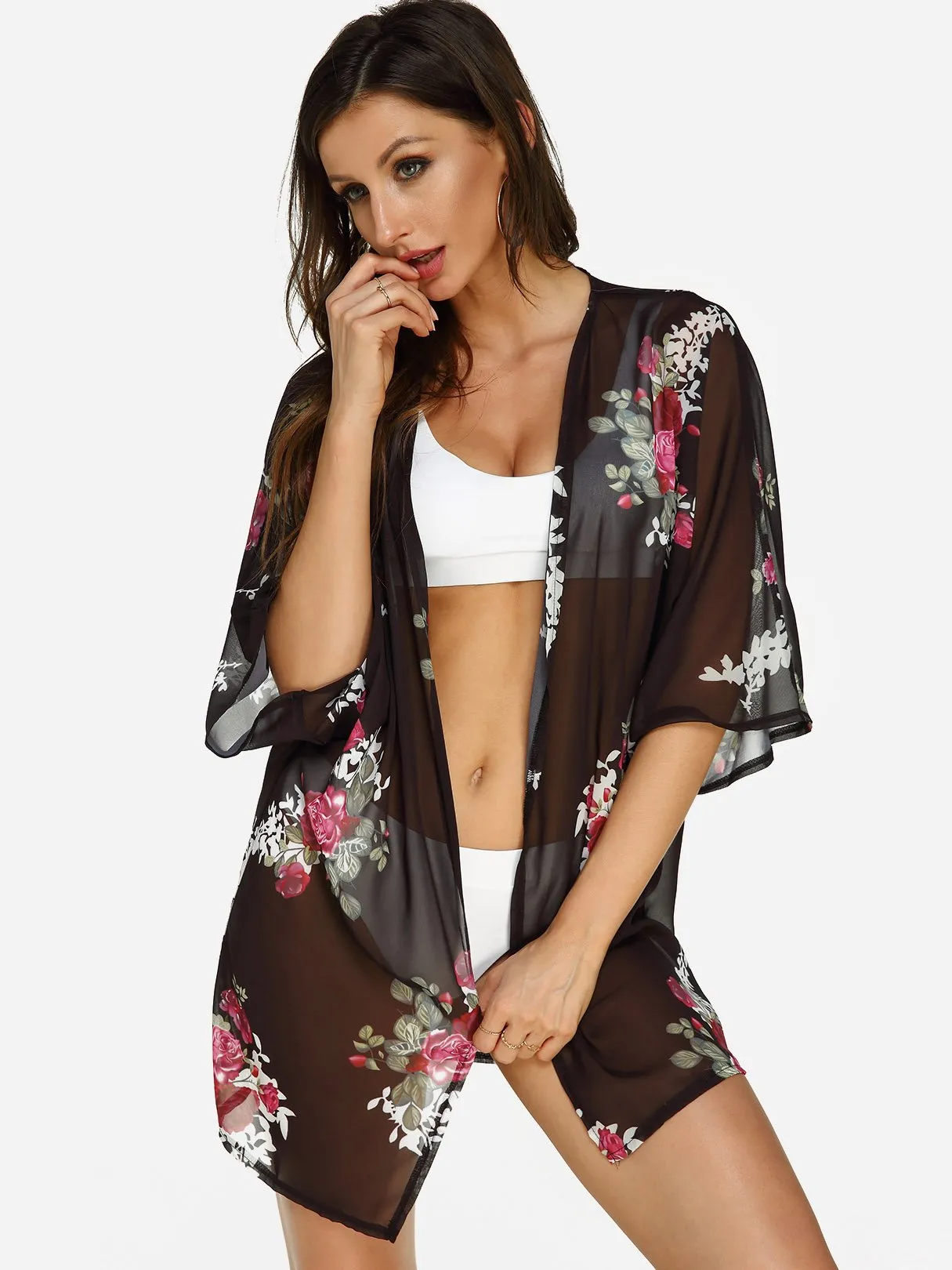 3/4 Sleeve Floral Print Beach Kimono
