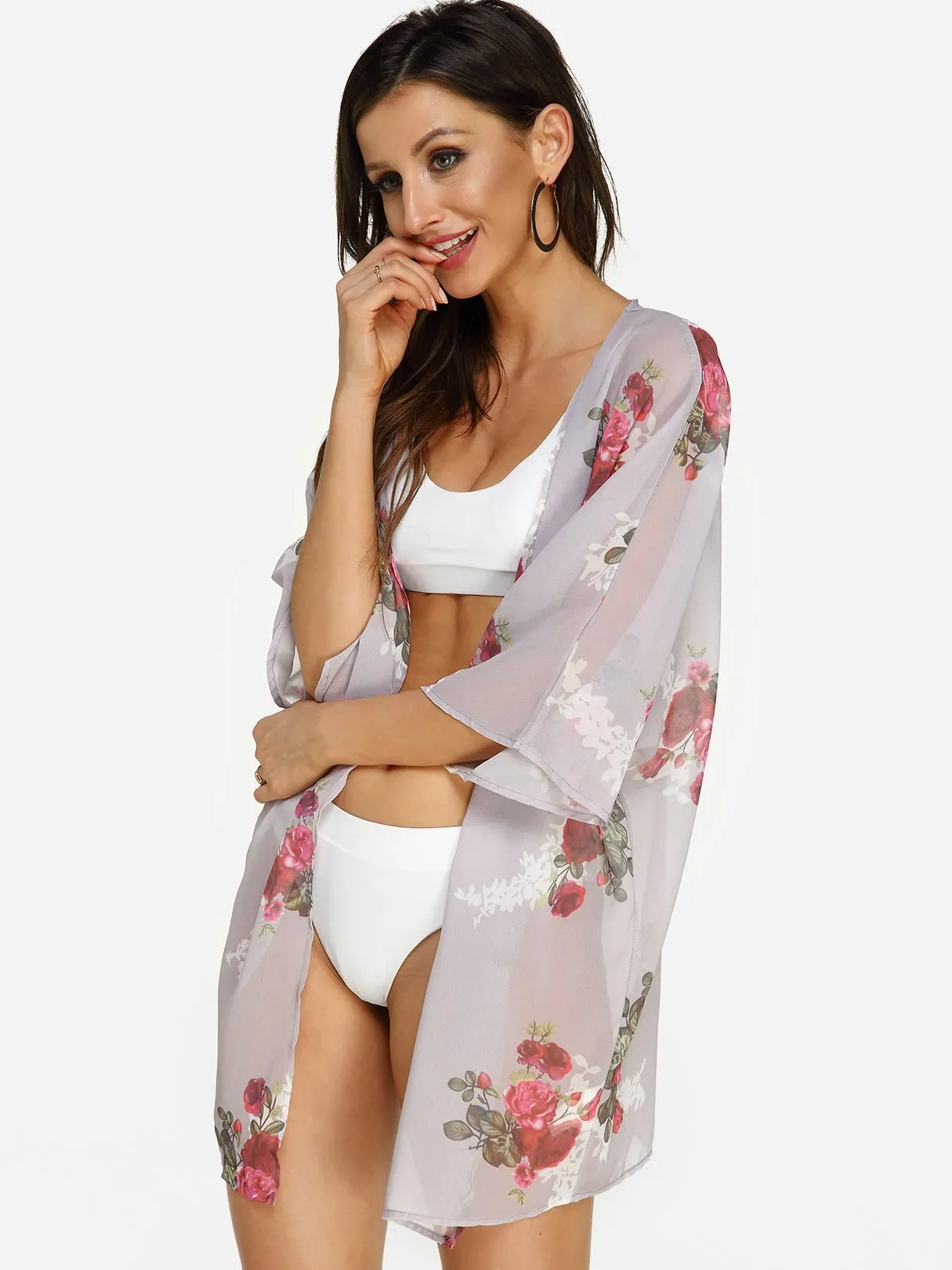 3/4 Sleeve Floral Print Beach Kimono