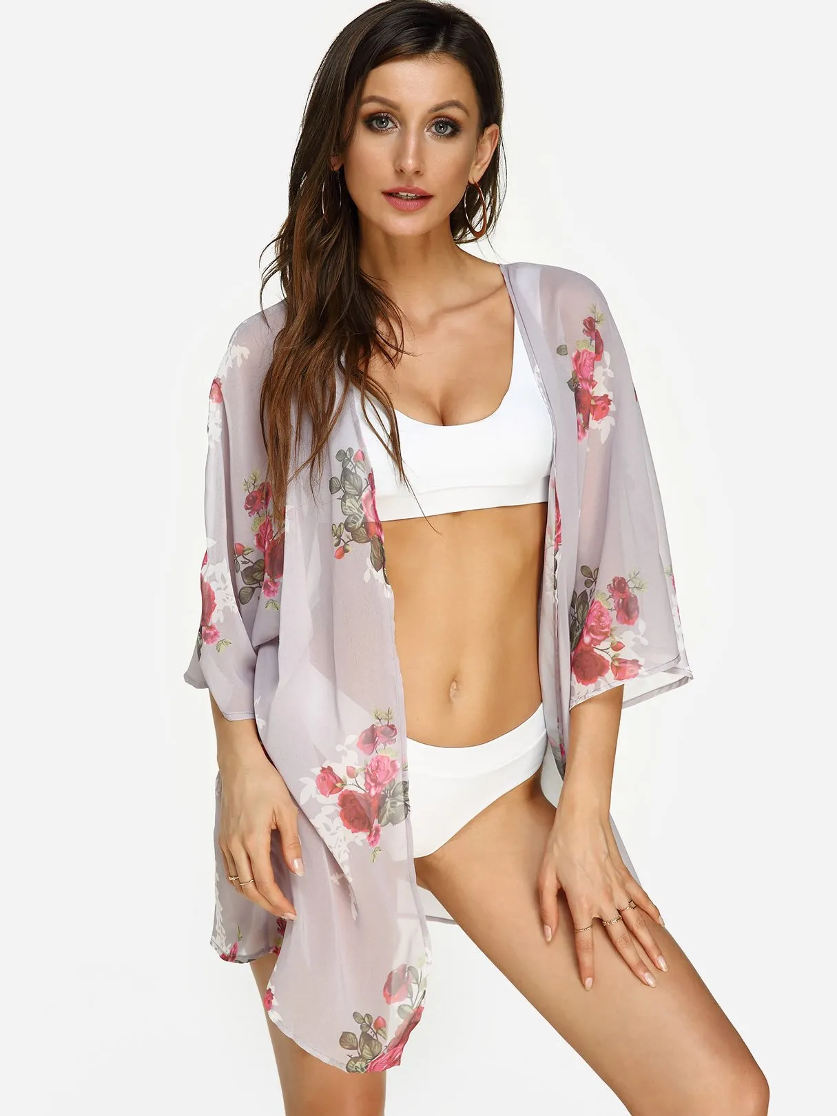 3/4 Sleeve Floral Print Beach Kimono