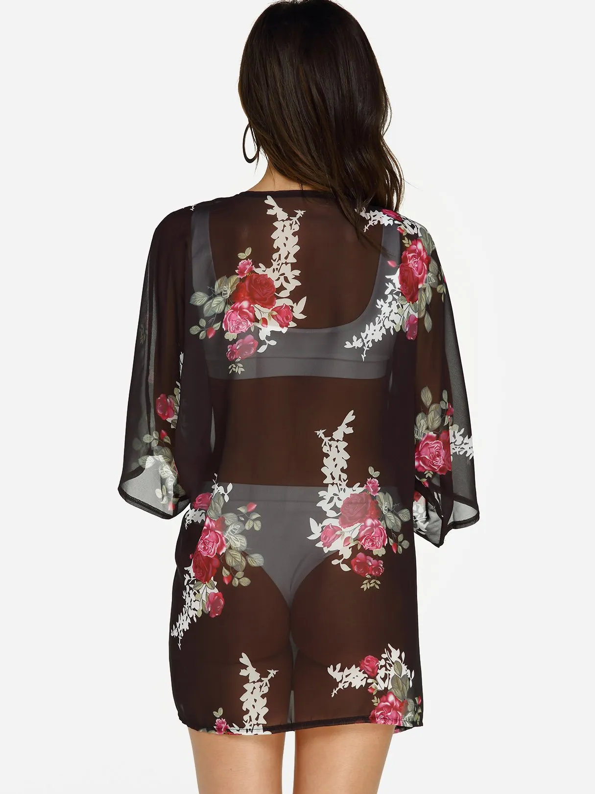3/4 Sleeve Floral Print Beach Kimono