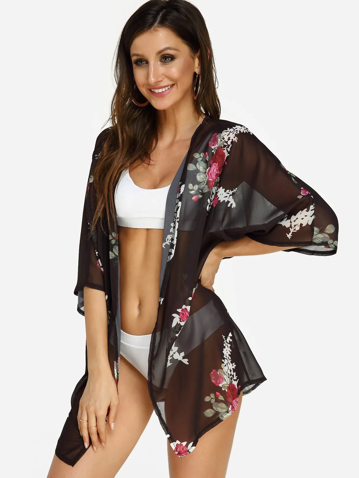 3/4 Sleeve Floral Print Beach Kimono