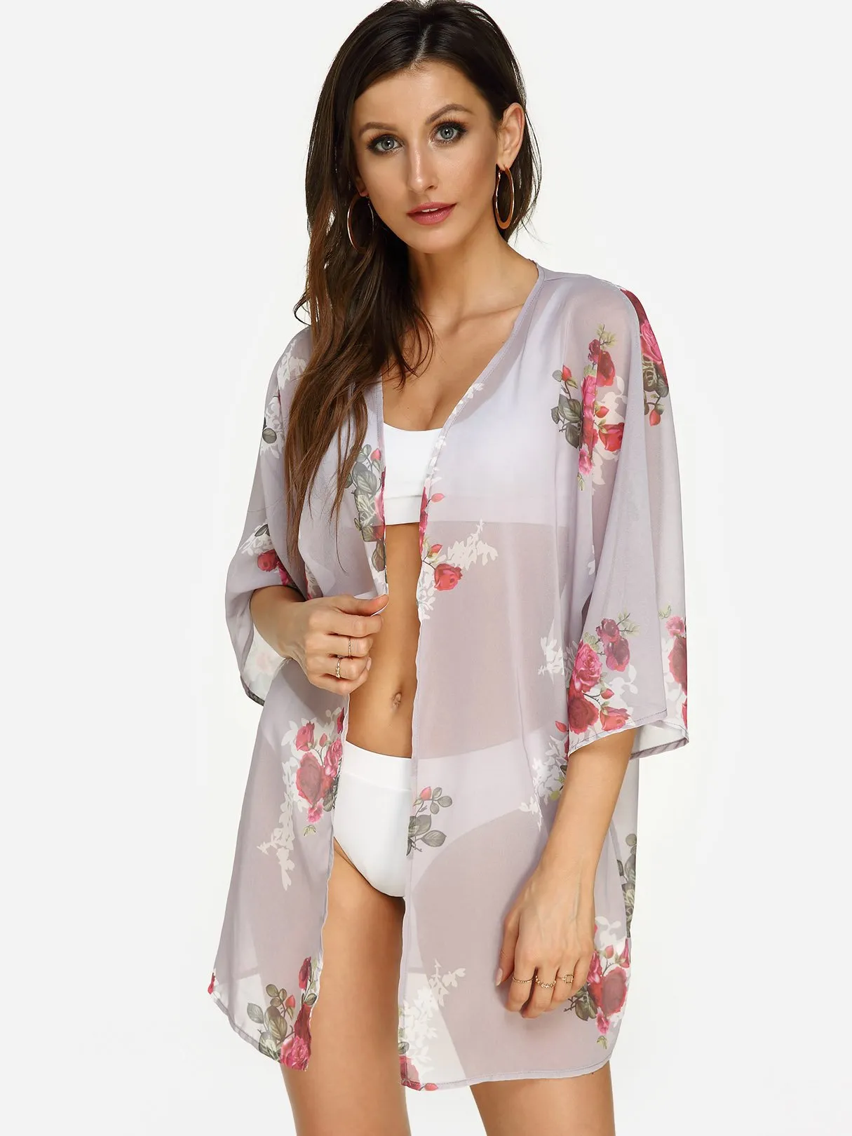 3/4 Sleeve Floral Print Beach Kimono