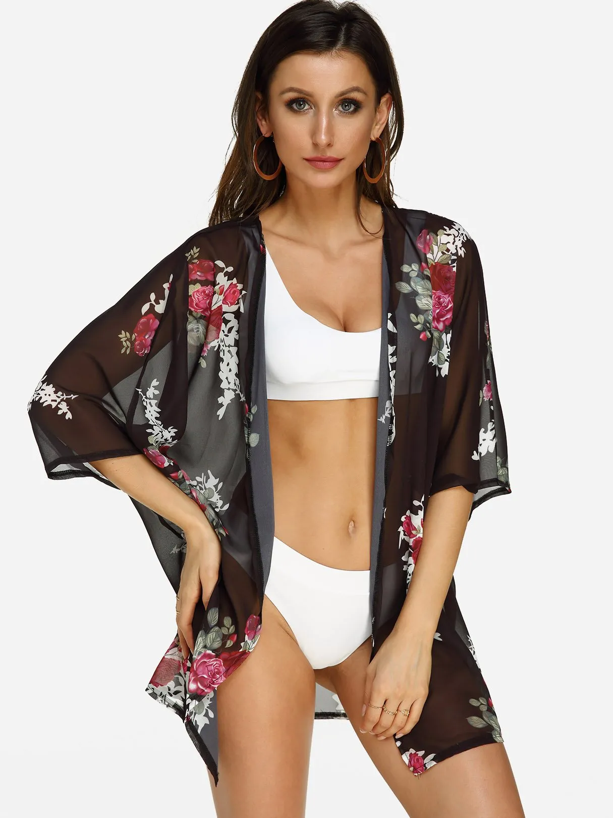 3/4 Sleeve Floral Print Beach Kimono