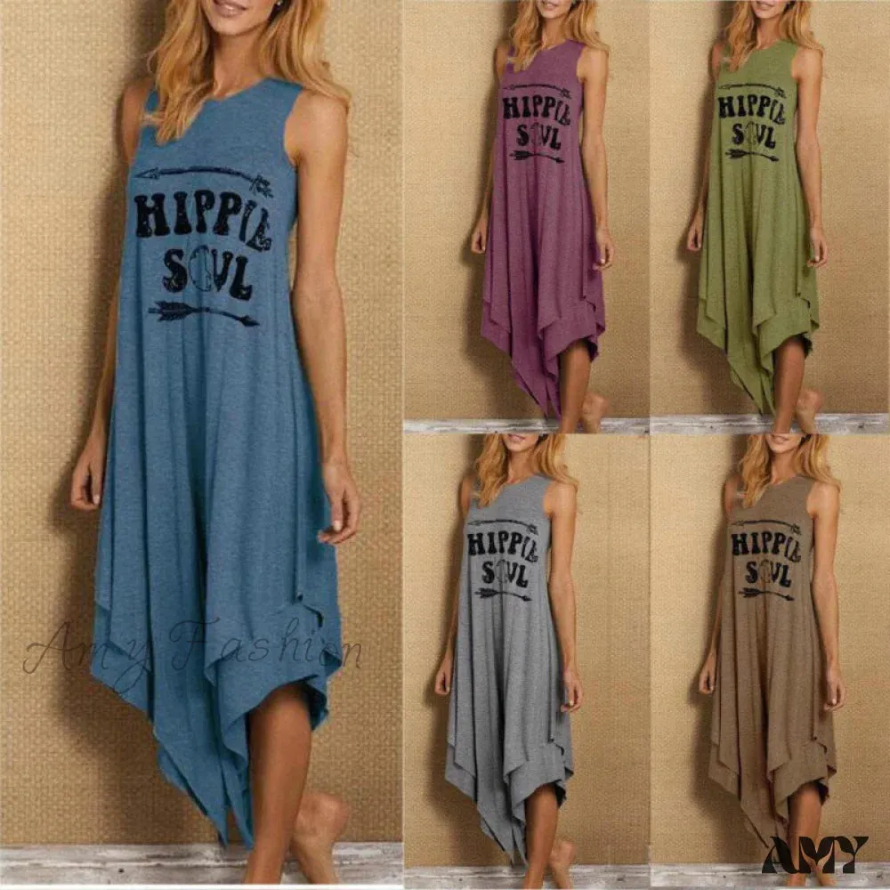 Amy Fashion - Fashion Loose Letter Printed O-Neck Maxi Dress