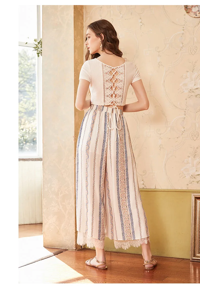 ARTKA ETHNIC SCARF PRINT WIDE LEG PANTS WITH SIDE SPLIT DETAIL