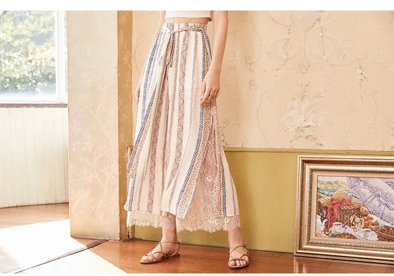 ARTKA ETHNIC SCARF PRINT WIDE LEG PANTS WITH SIDE SPLIT DETAIL