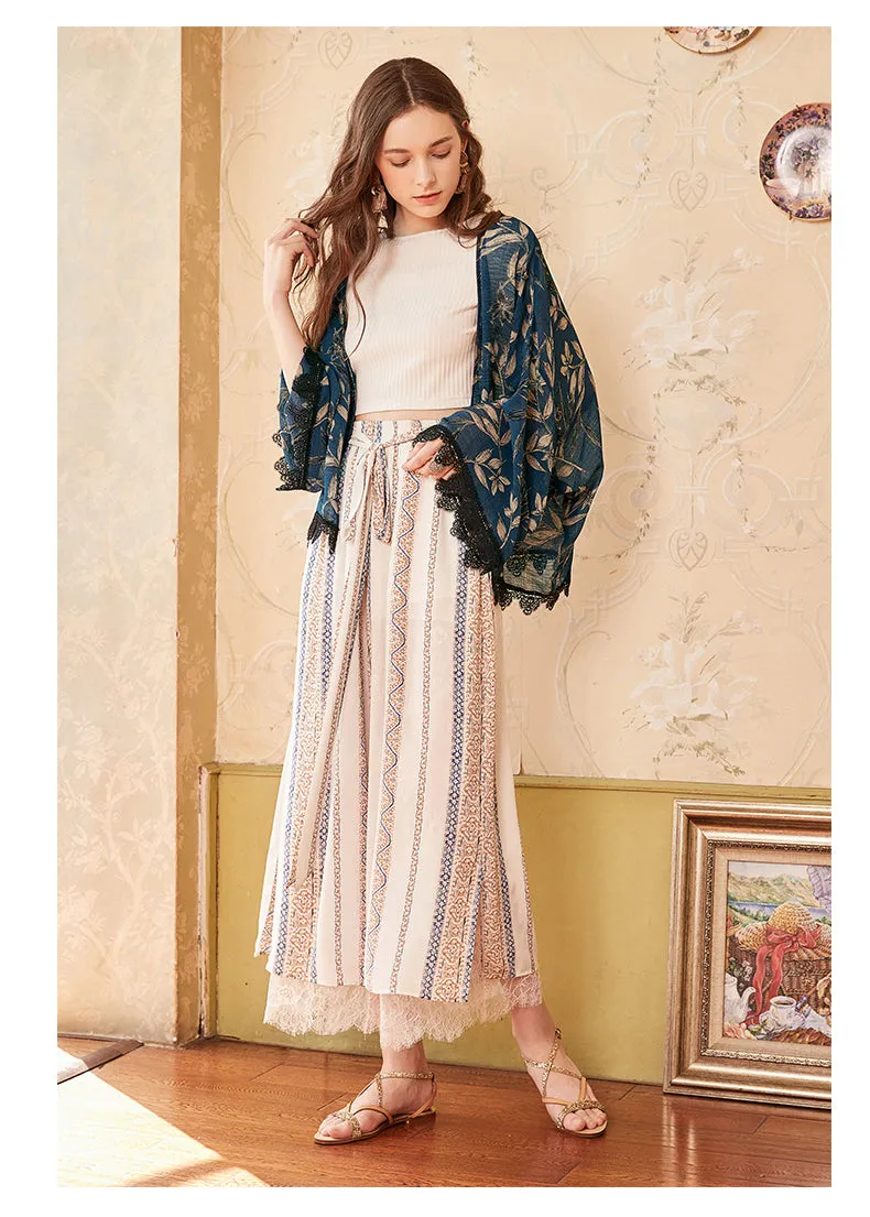 ARTKA ETHNIC SCARF PRINT WIDE LEG PANTS WITH SIDE SPLIT DETAIL