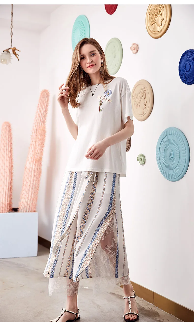 ARTKA ETHNIC SCARF PRINT WIDE LEG PANTS WITH SIDE SPLIT DETAIL