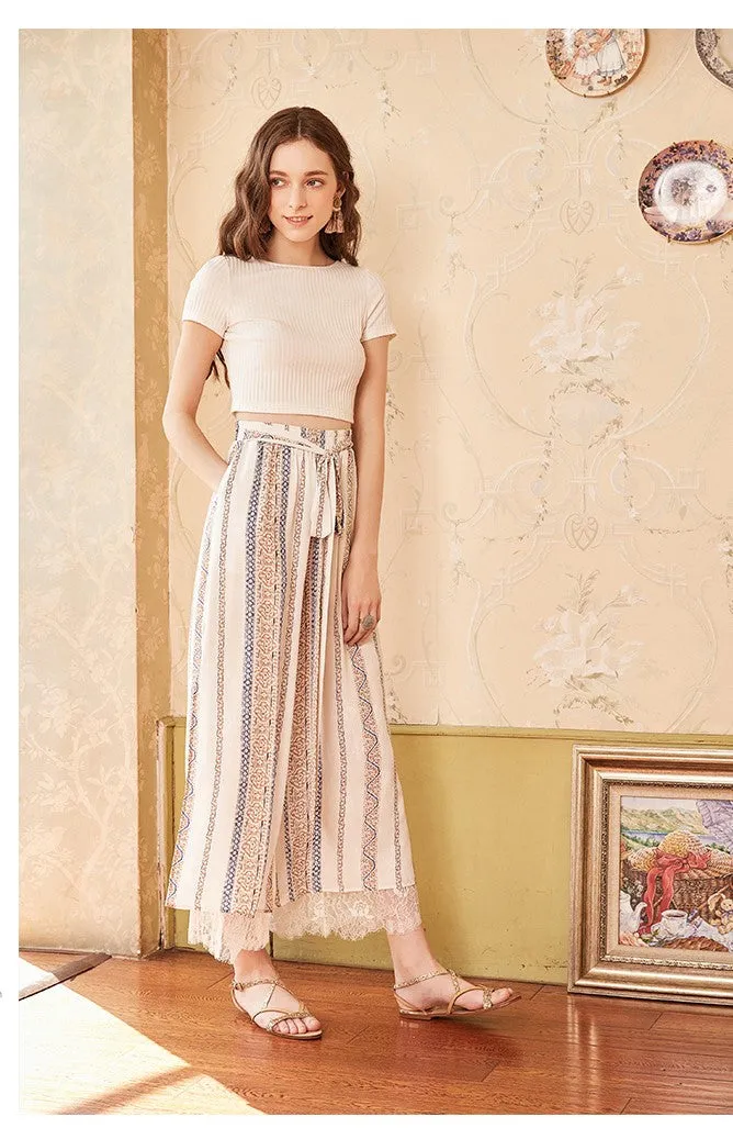 ARTKA ETHNIC SCARF PRINT WIDE LEG PANTS WITH SIDE SPLIT DETAIL