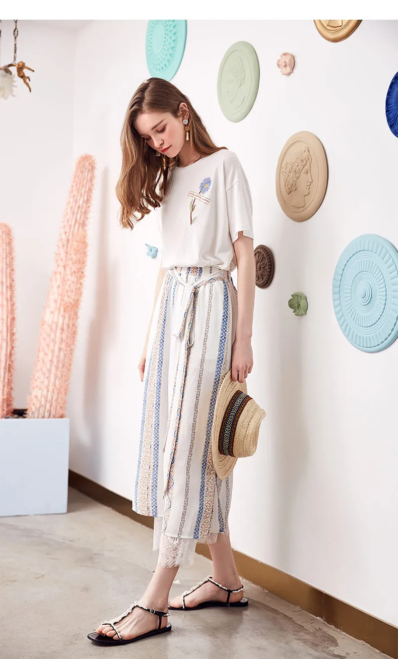 ARTKA ETHNIC SCARF PRINT WIDE LEG PANTS WITH SIDE SPLIT DETAIL
