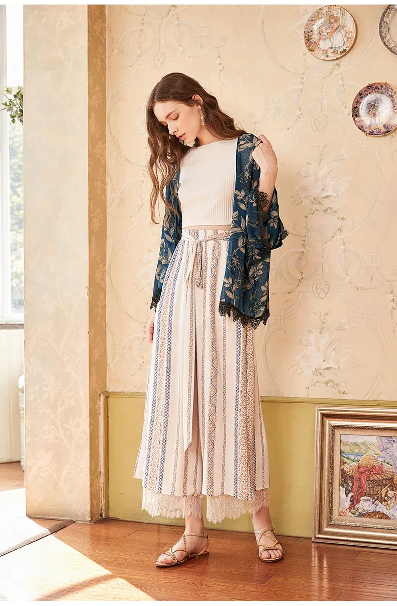 ARTKA ETHNIC SCARF PRINT WIDE LEG PANTS WITH SIDE SPLIT DETAIL