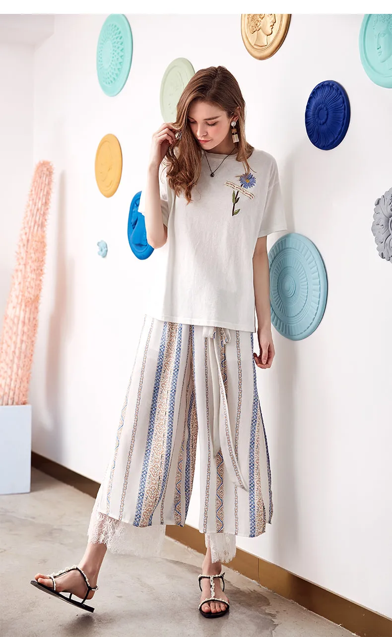 ARTKA ETHNIC SCARF PRINT WIDE LEG PANTS WITH SIDE SPLIT DETAIL
