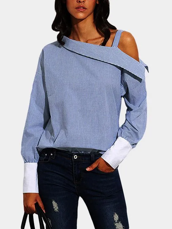 Asymmetrical One Shoulder Stripe Long Sleeve Blouses