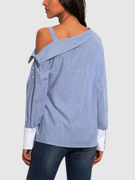 Asymmetrical One Shoulder Stripe Long Sleeve Blouses