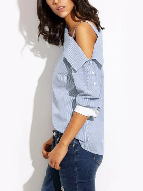 Asymmetrical One Shoulder Stripe Long Sleeve Blouses