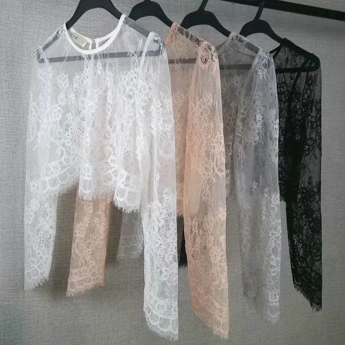 Avey Casual High Neck Lace Bridal Cover Up with Long Sleeves