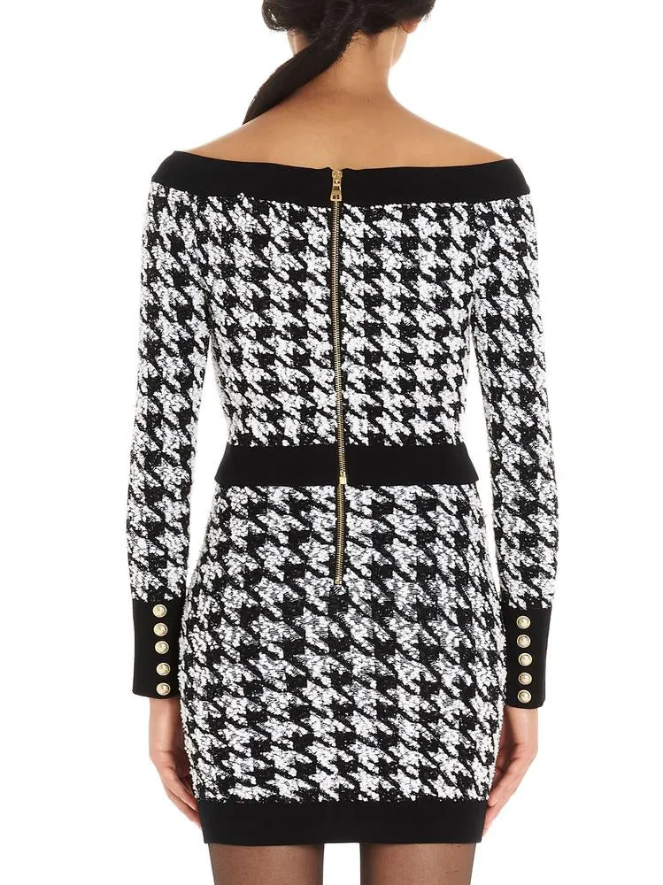Balmain Off-Shoulder Houndstooth Blouses