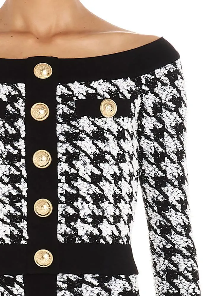 Balmain Off-Shoulder Houndstooth Blouses