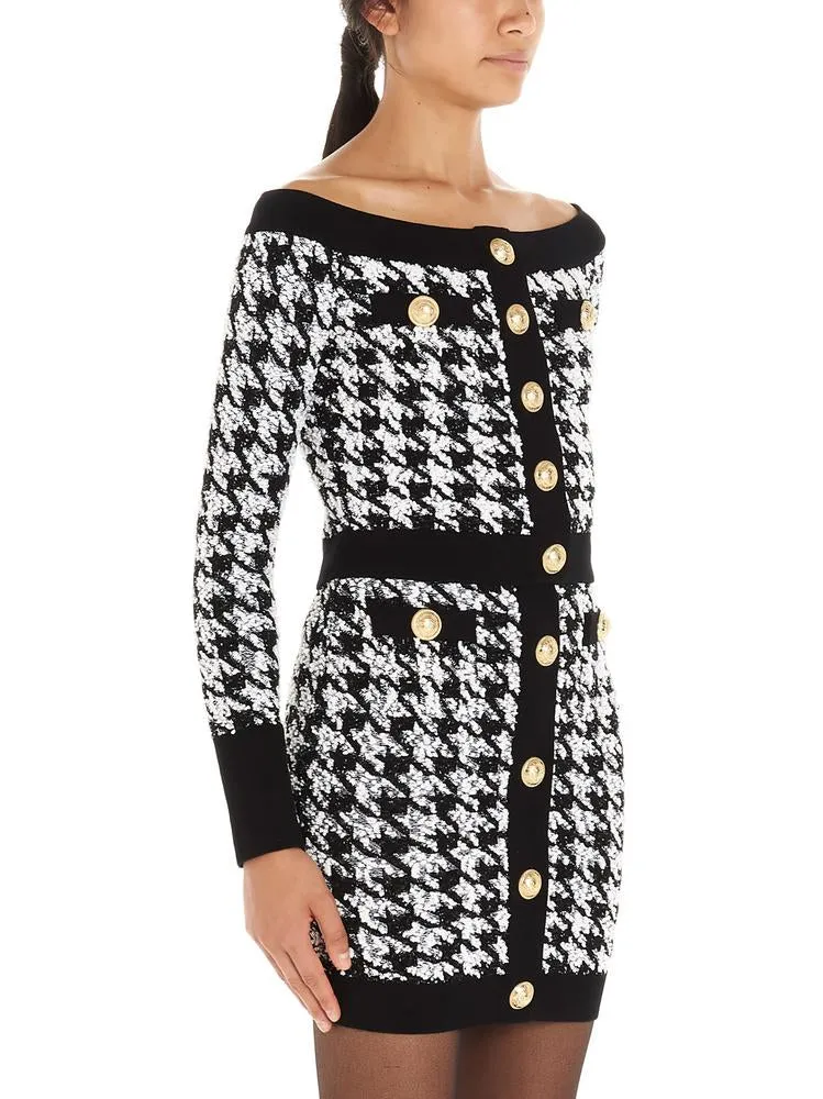 Balmain Off-Shoulder Houndstooth Blouses