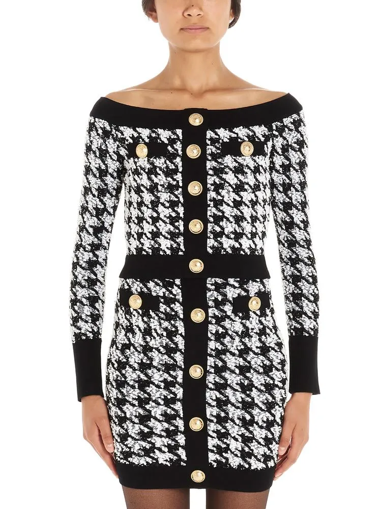 Balmain Off-Shoulder Houndstooth Blouses