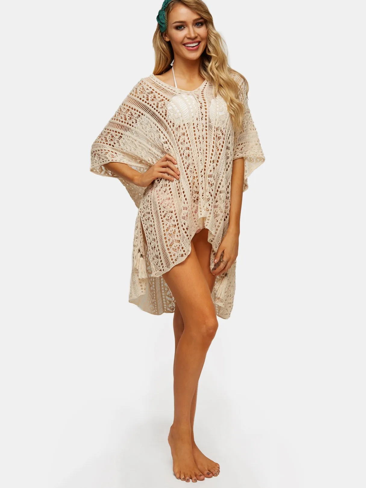 Beige Deep V-Neck Tassel Hollow Lace-Up Slit Hem Beachwear