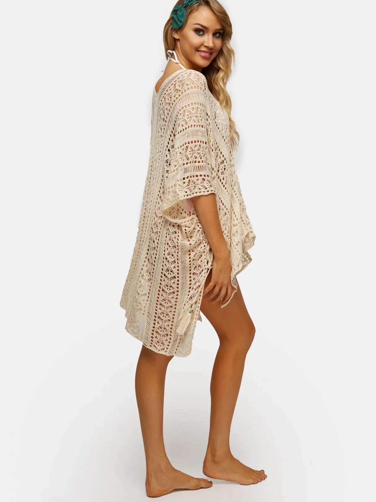 Beige Deep V-Neck Tassel Hollow Lace-Up Slit Hem Beachwear