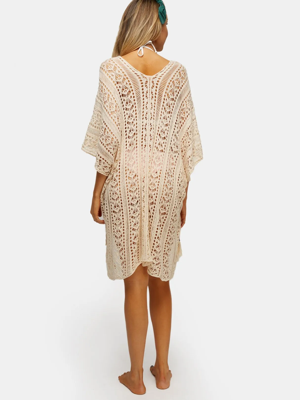 Beige Deep V-Neck Tassel Hollow Lace-Up Slit Hem Beachwear