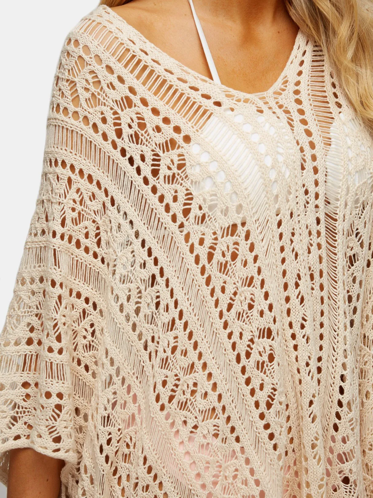 Beige Deep V-Neck Tassel Hollow Lace-Up Slit Hem Beachwear