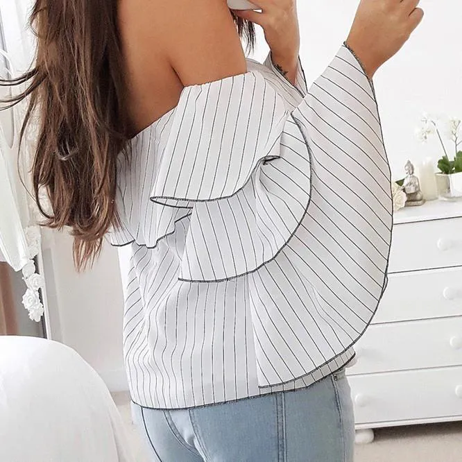 Bell sleeve Frill sleeve Stripe Off Shoulder Blouses
