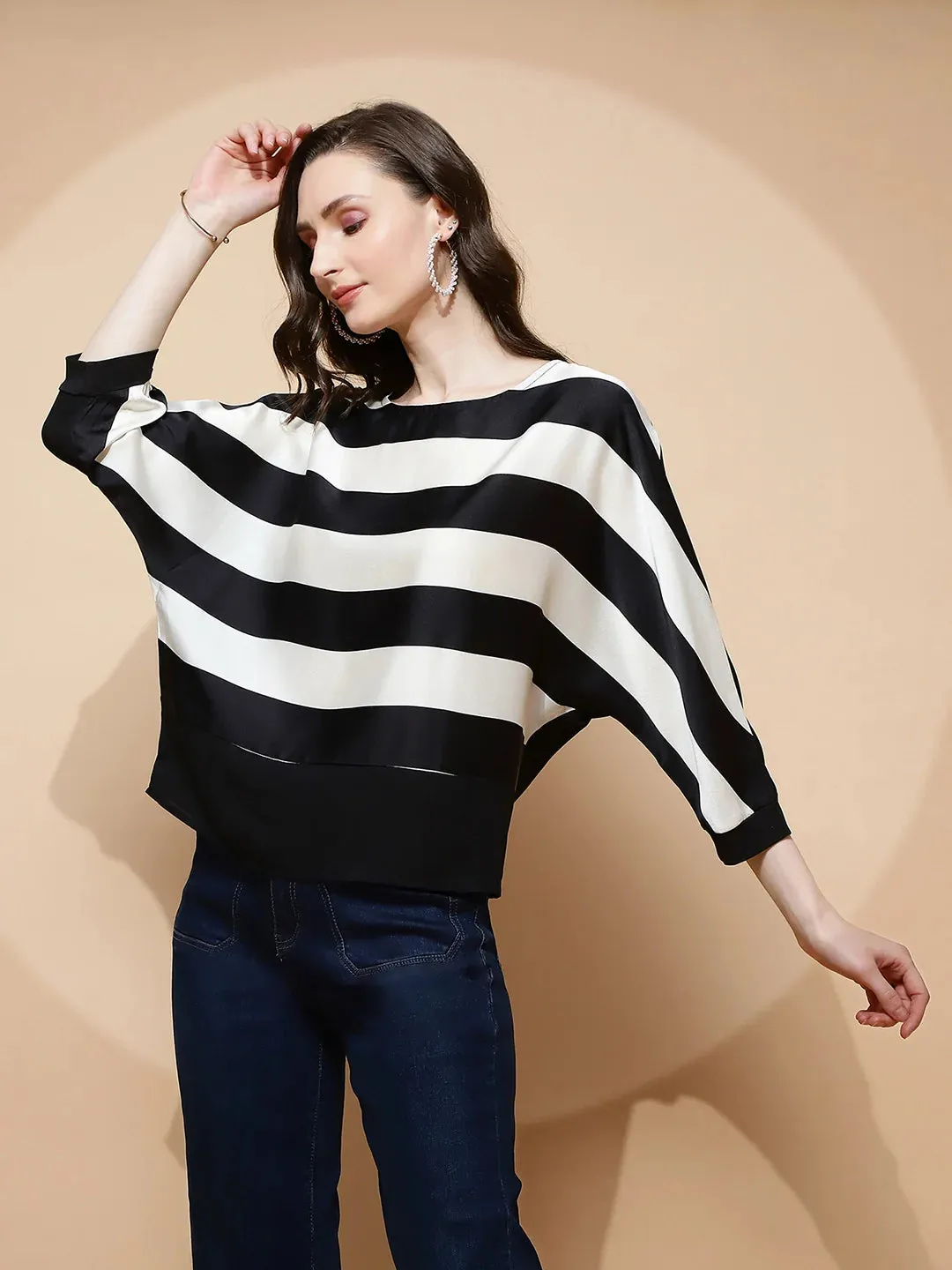 Black and White Polyester Blend Regular Fit Blouse For Women