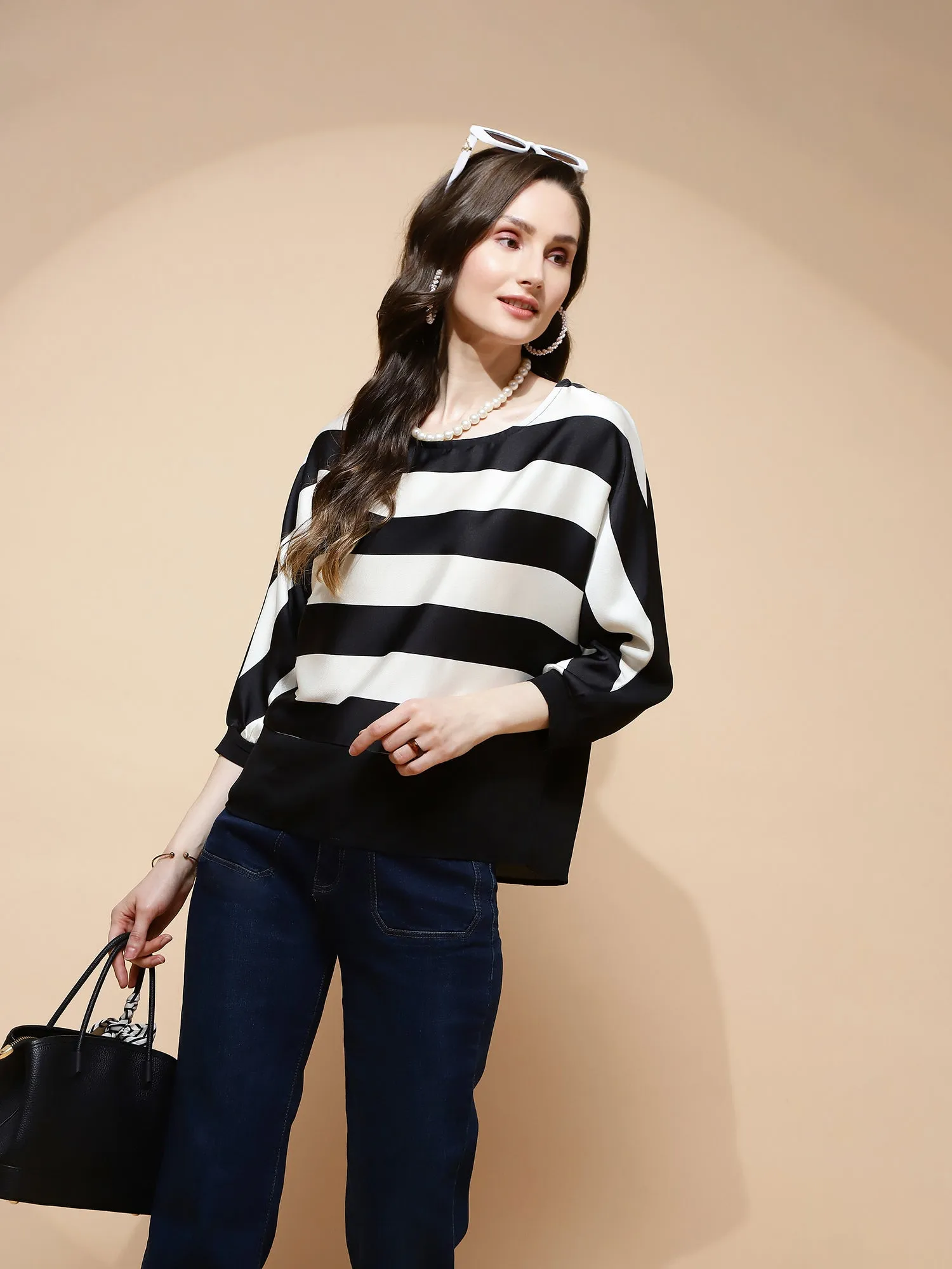 Black and White Polyester Blend Regular Fit Blouse For Women