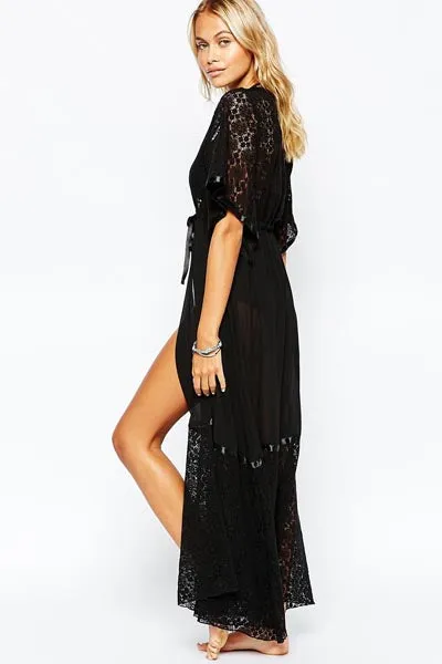 Black Lace Chiffon Patchwork Long Beach Kimono