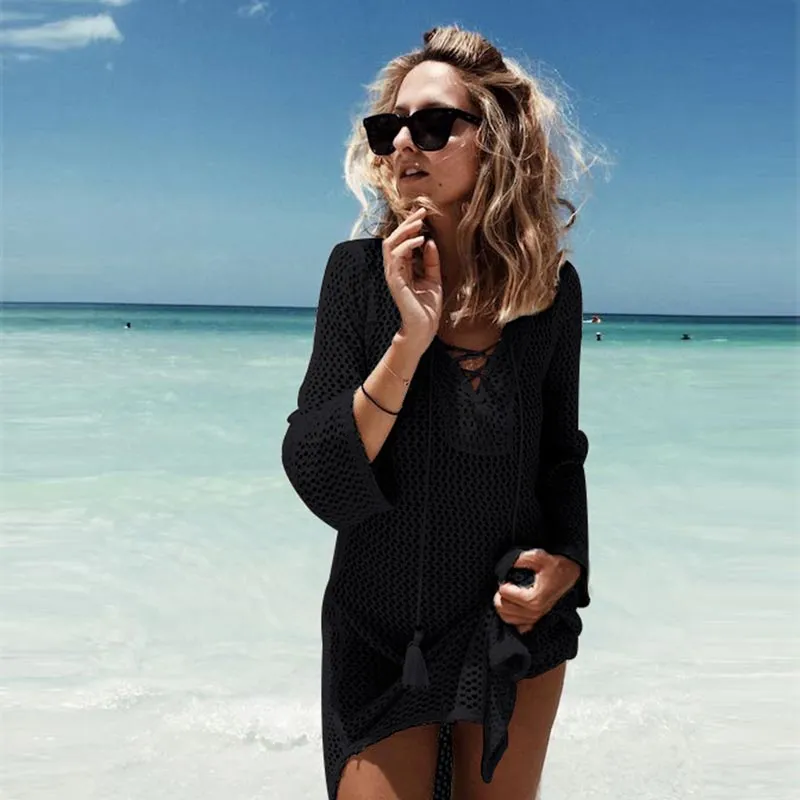 Black Lace-up Neck Long Fishnet Beachwear Dress #Black