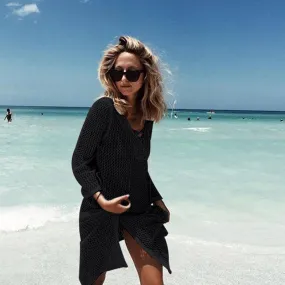 Black Lace-up Neck Long Fishnet Beachwear Dress #Black
