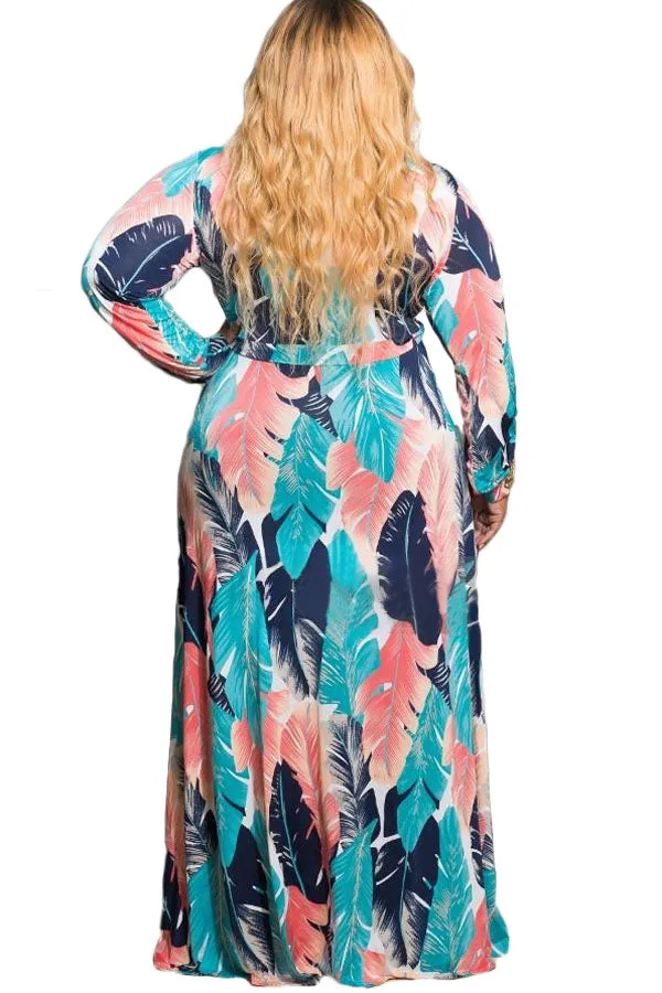 Blue Coral Leafy Print Sash Tie Plus Size Maxi Dress