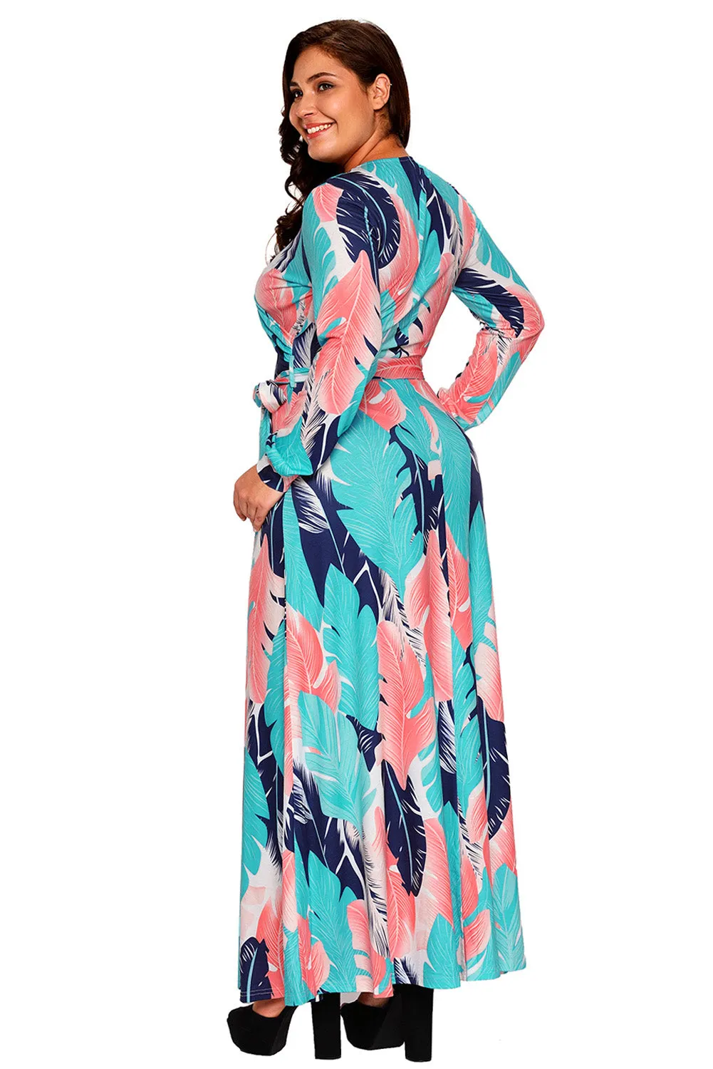 Blue Coral Leafy Print Sash Tie Plus Size Maxi Dress