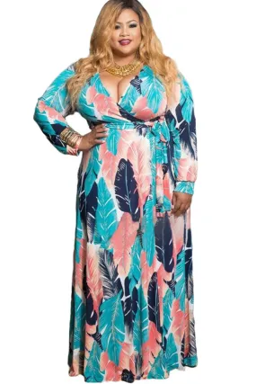 Blue Coral Leafy Print Sash Tie Plus Size Maxi Dress