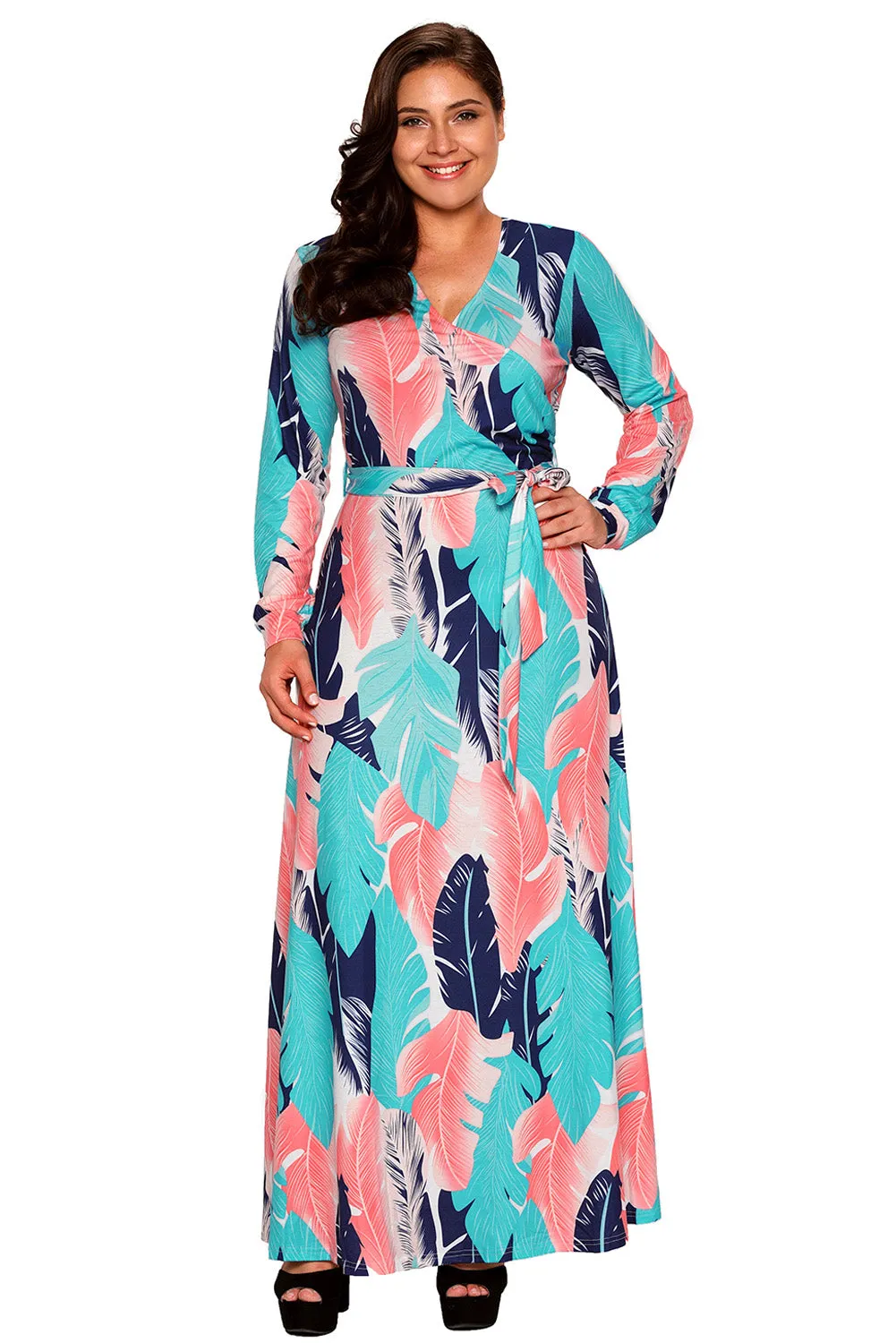Blue Coral Leafy Print Sash Tie Plus Size Maxi Dress