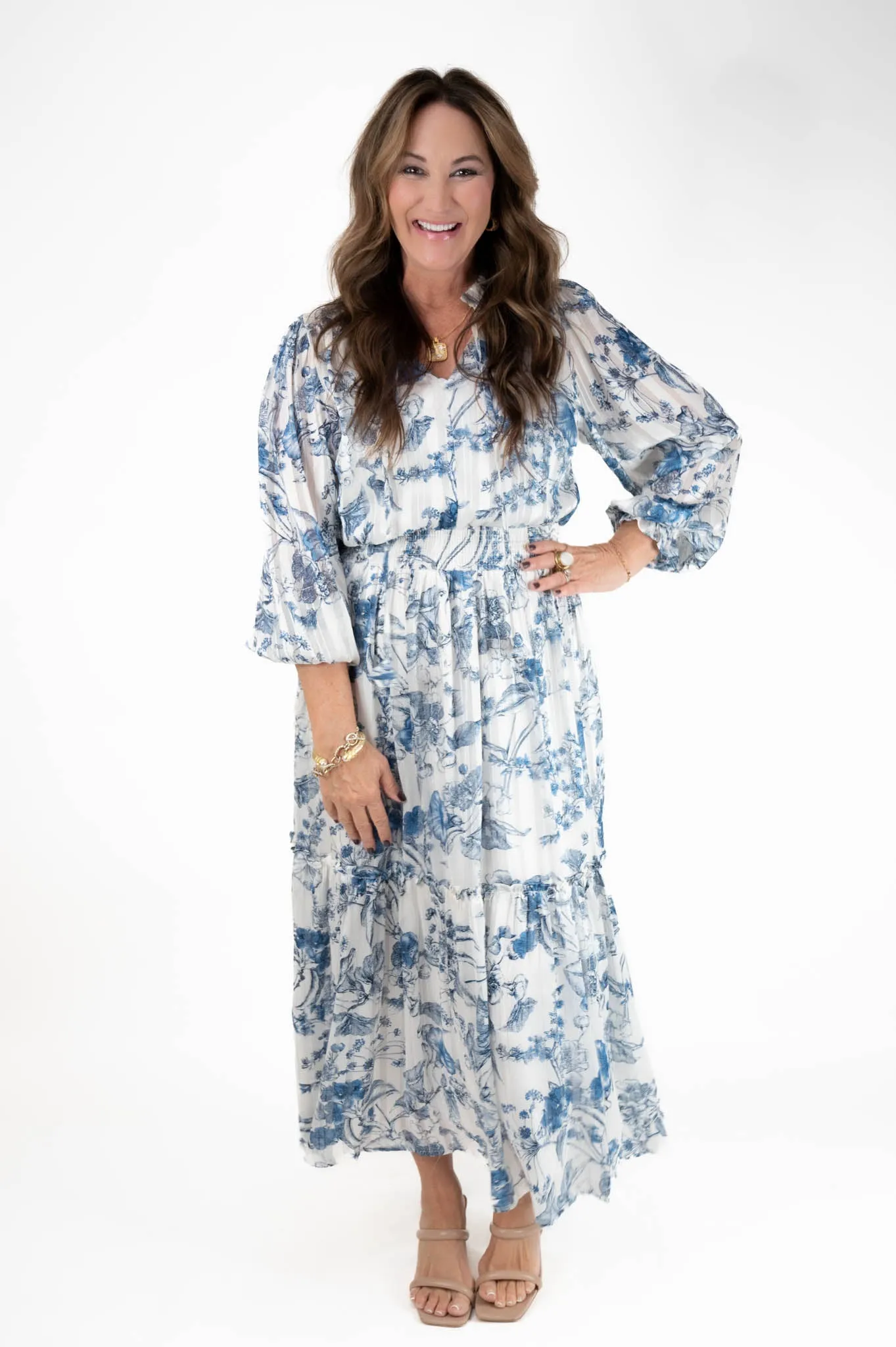 Blue Floral Print Midi Dress