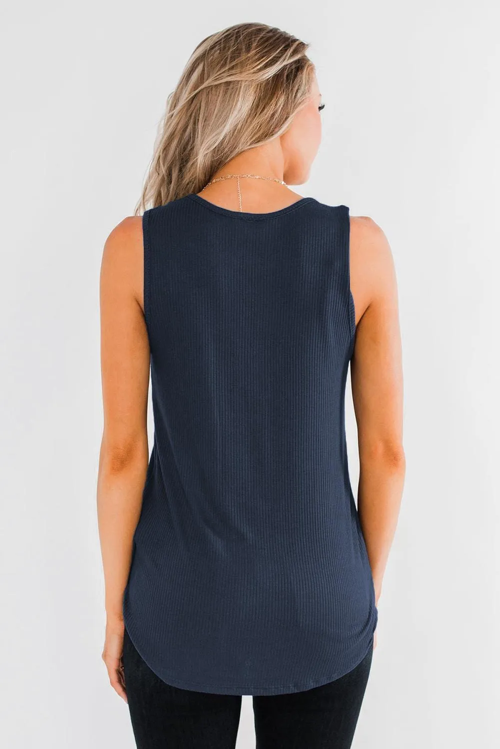 Blue Ribbed Tank Top with V Neck and Button Detail