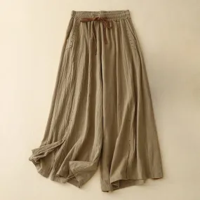 Buddha Stones Casual Simple Design Drawstring Split Cotton Linen Women's Wide Leg Pants With Pockets