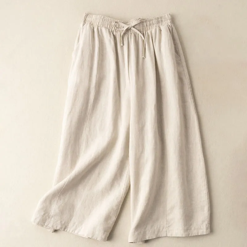 Buddha Stones Plain Color Cropped Pants Cotton Linen Women's Wide Leg Pants With Pockets
