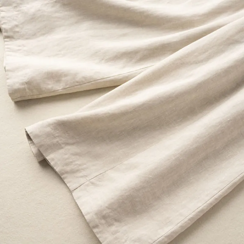 Buddha Stones Plain Color Cropped Pants Cotton Linen Women's Wide Leg Pants With Pockets