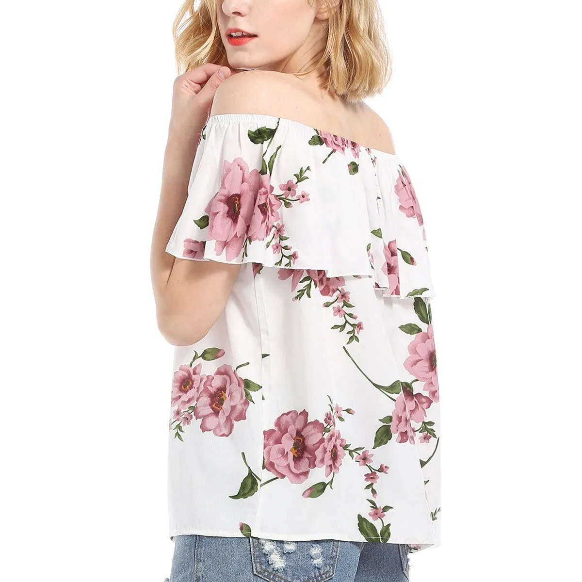 Chiffon Short Sleeve Print Off Shoulder Lotus Leaf Blouses